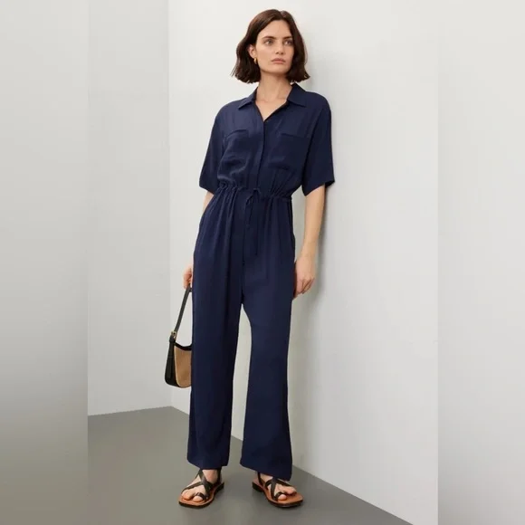 Thakoon Collective Navy blue Short Sleeve Jumpsuit SZ 2 viscose rayon drawstring - Picture 1 of 11